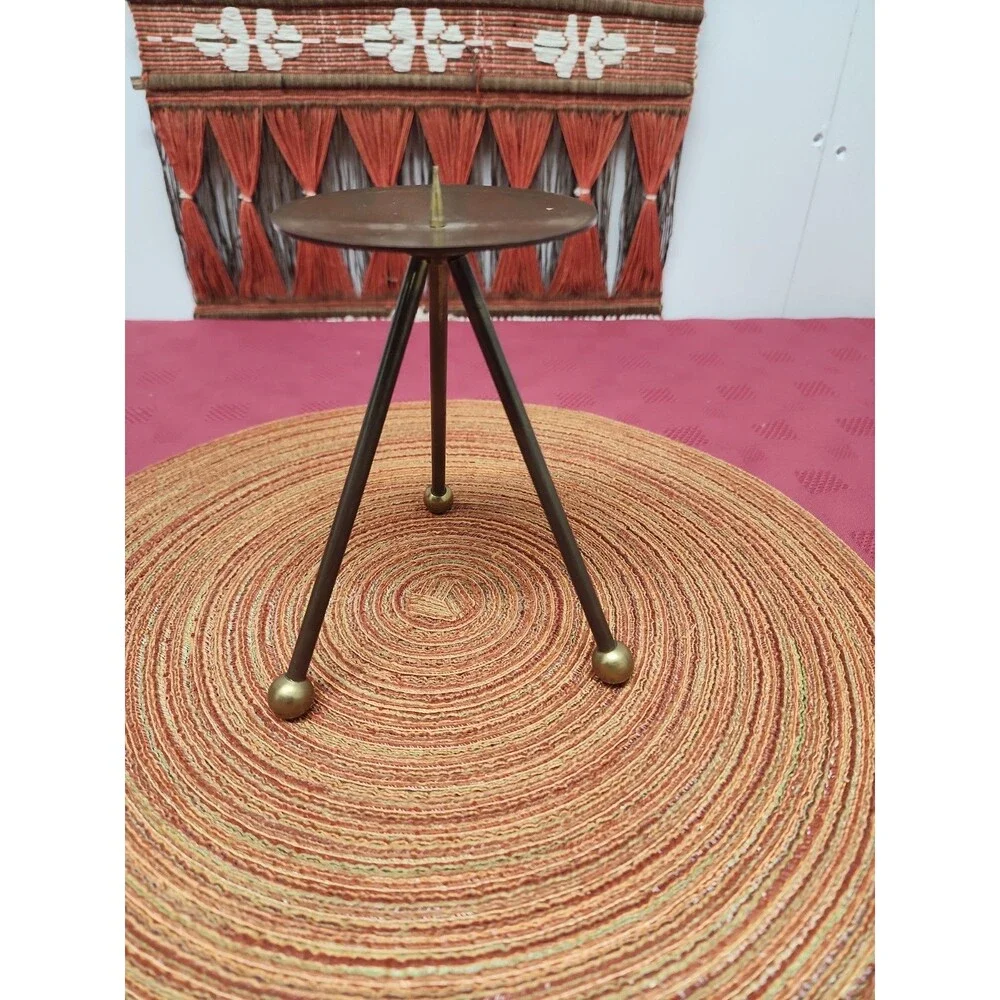 Vintage Pier 1 Solid Brass Tripod Pillar Candle Holder Minimalist MCM Sputnik